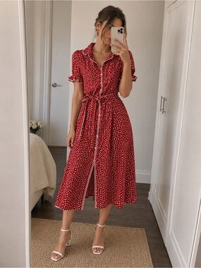 Max Studio London Polka Dot Button-Up Midi Dress – Ruffle Collar & Cuffs